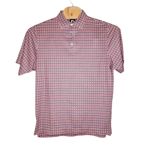 FJ FootJoy Medium M Red /‎ Black Checkered Men's Short Sleeve Polo Shirt - Picture 1 of 6